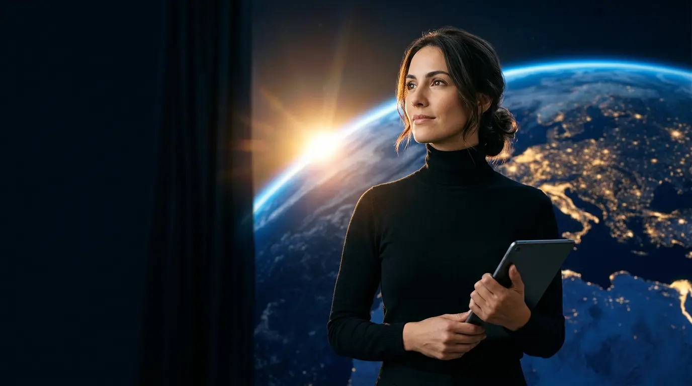 A consultant holding a tablet, with the Earth at sunrise behind her