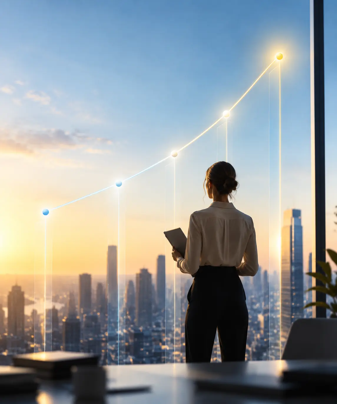 A consultant at a city window, a rising performance line drawn across the view